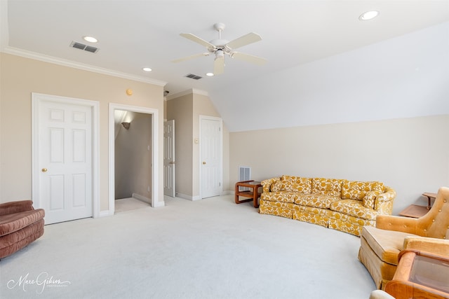 living area with recessed lighting, visible vents, crown molding, and light colored carpet