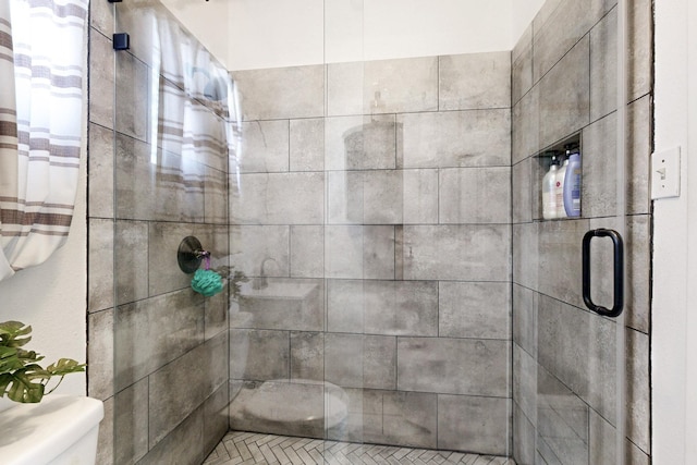 bathroom with a stall shower and toilet