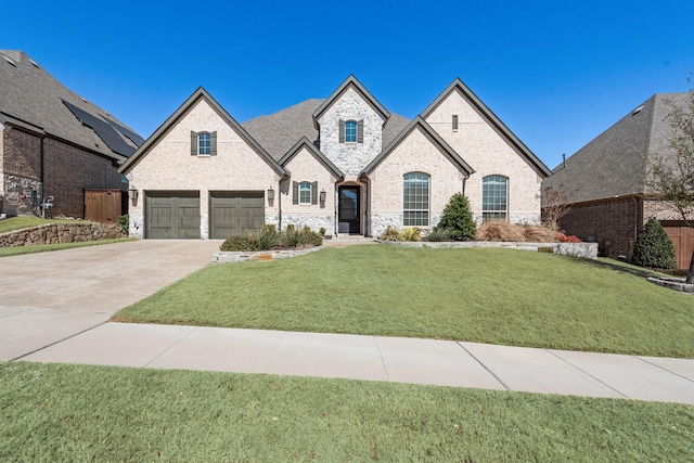 french provincial home with a garage, brick siding, concrete driveway, stone siding, and a front yard