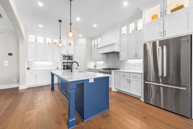 kitchen with stainless steel appliances, wood finished floors, a sink, light countertops, and custom range hood