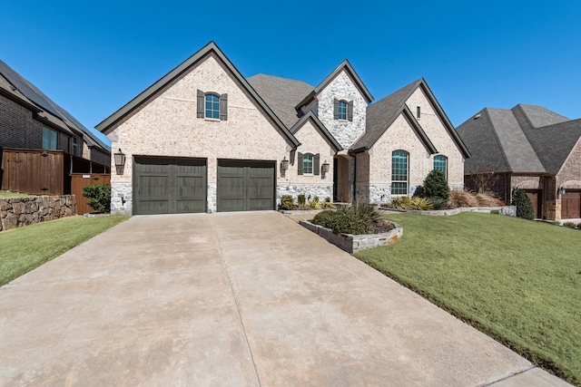 french provincial home with driveway, stone siding, a front lawn, and brick siding