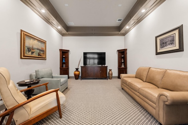 living room featuring carpet floors, crown molding, recessed lighting, visible vents, and baseboards