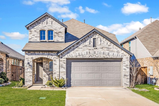 french country style house featuring concrete driveway, an attached garage, fence, a front lawn, and brick siding