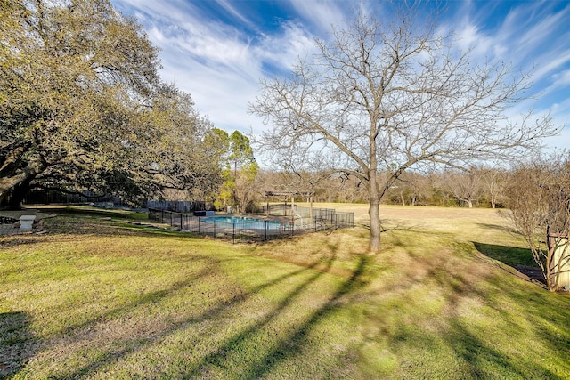 view of yard with a fenced in pool