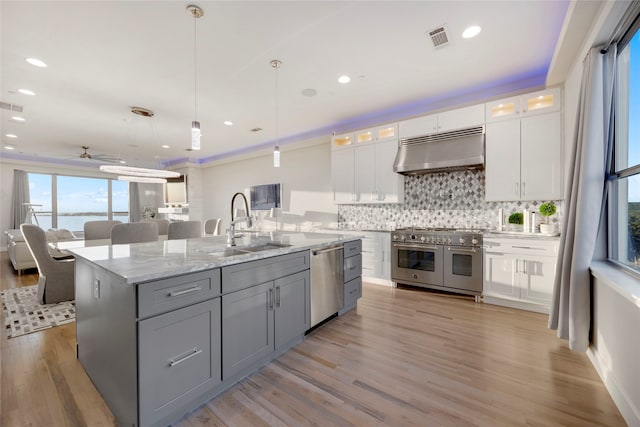 kitchen with under cabinet range hood, a sink, backsplash, white cabinetry, and appliances with stainless steel finishes