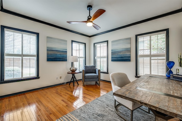 office area with ornamental molding, wood-type flooring, ceiling fan, and baseboards