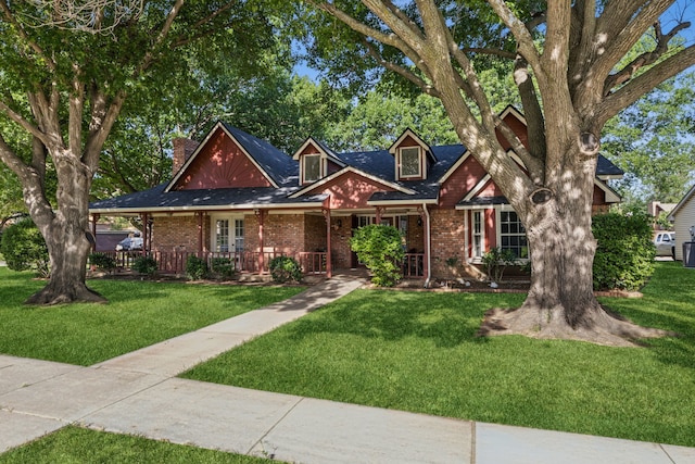 1878 Trail Ridge Dr, Lewisville, TX 75077 - view of front facade featuring a front yard, a porch, brick siding, and a chimney