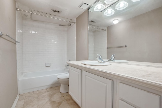 full bathroom featuring toilet, visible vents, shower / washtub combination, and vanity