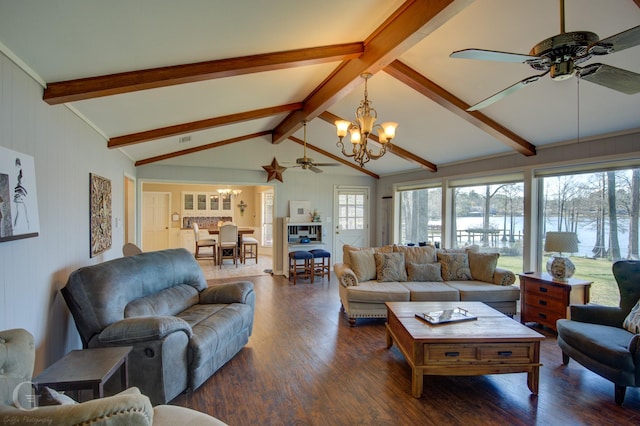 living area featuring lofted ceiling with beams, ceiling fan with notable chandelier, and wood finished floors