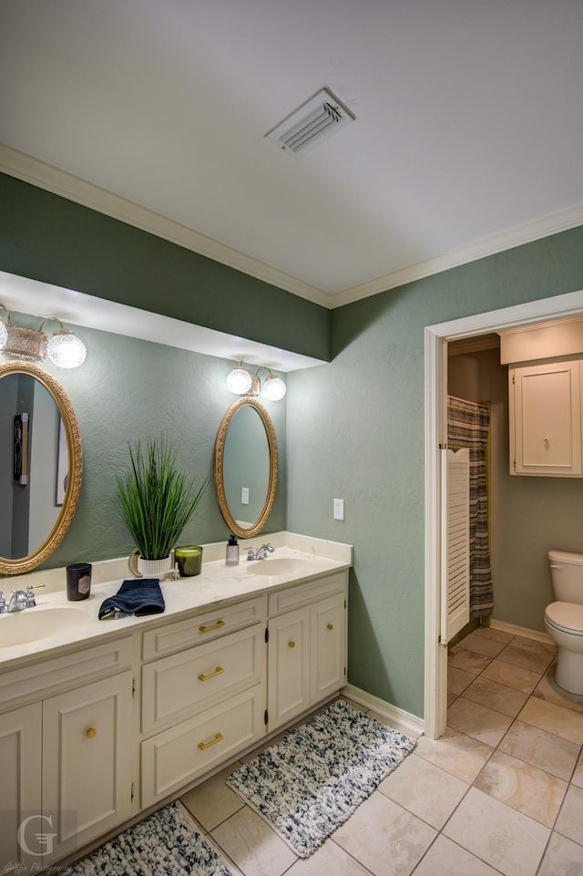 full bath with ornamental molding, visible vents, a sink, and toilet