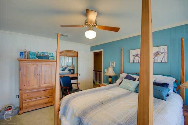 bedroom with a ceiling fan, carpet, visible vents, and crown molding