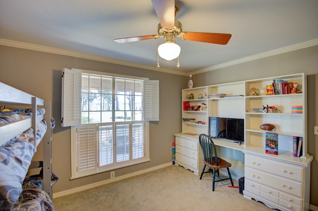 bedroom featuring ornamental molding, carpet flooring, baseboards, and a ceiling fan