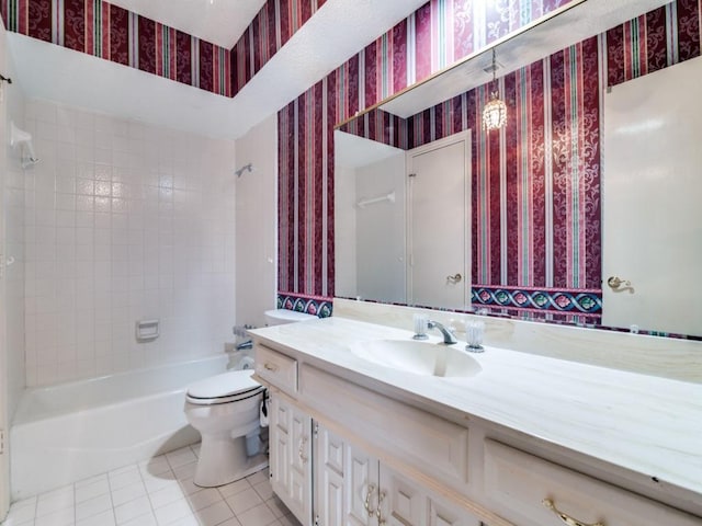 bathroom featuring wallpapered walls, toilet, tile patterned flooring, tub / shower combination, and vanity