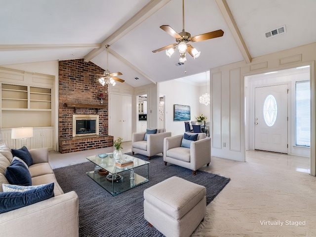 living room featuring light carpet, a brick fireplace, visible vents, and vaulted ceiling with beams