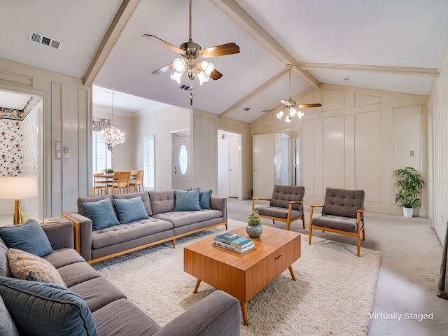 carpeted living area with lofted ceiling with beams, ceiling fan with notable chandelier, visible vents, and a decorative wall