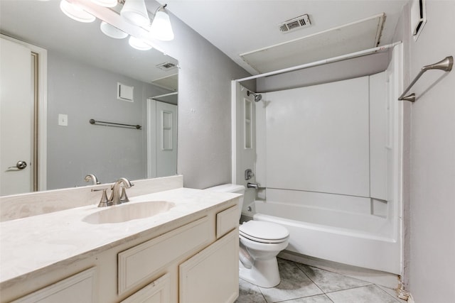 bathroom with visible vents, toilet, bathing tub / shower combination, tile patterned floors, and vanity