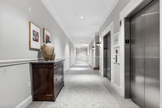 hallway featuring elevator, baseboards, ornamental molding, and recessed lighting