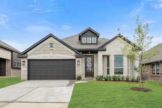 119 Emperor Oak Ct, Balch Springs, TX 75181 - french provincial home with concrete driveway, a front lawn, brick siding, a garage, and a shingled roof