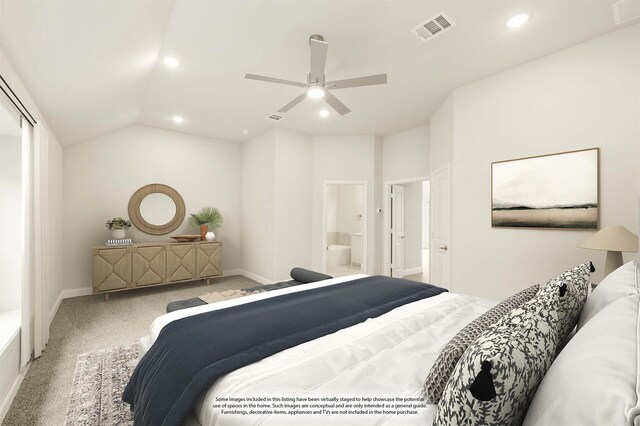 119 Emperor Oak Ct, Balch Springs, TX 75181 - carpeted bedroom featuring recessed lighting, baseboards, connected bathroom, ceiling fan, and vaulted ceiling