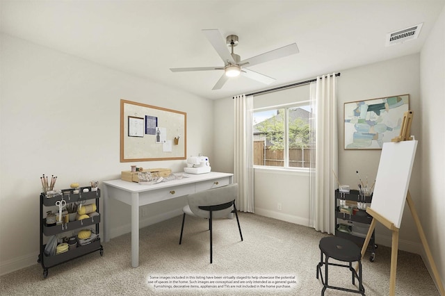 119 Emperor Oak Ct, Balch Springs, TX 75181 - office area featuring a ceiling fan, baseboards, and light colored carpet