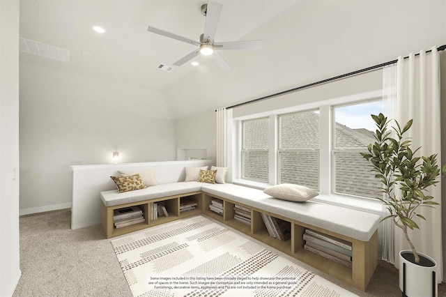 119 Emperor Oak Ct, Balch Springs, TX 75181 - sitting room with ceiling fan, lofted ceiling, carpet, baseboards, and recessed lighting