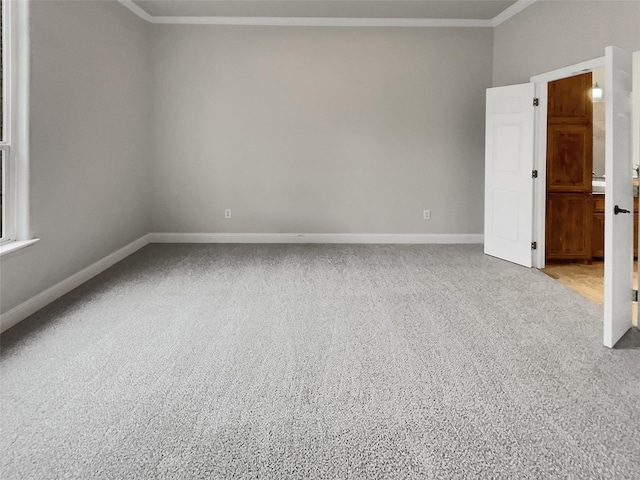 spare room with ornamental molding, carpet, and baseboards