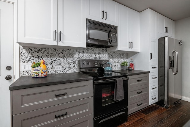 kitchen with tasteful backsplash, white cabinets, dark countertops, dark wood-type flooring, and black appliances