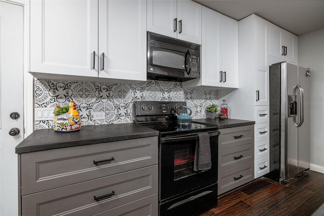 12510 Liberty School Rd, Azle, TX 76020 - kitchen with dark countertops, tasteful backsplash, dark wood finished floors, white cabinets, and black appliances