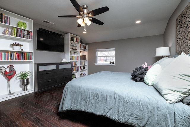 bedroom featuring recessed lighting, visible vents, ceiling fan, and wood finished floors