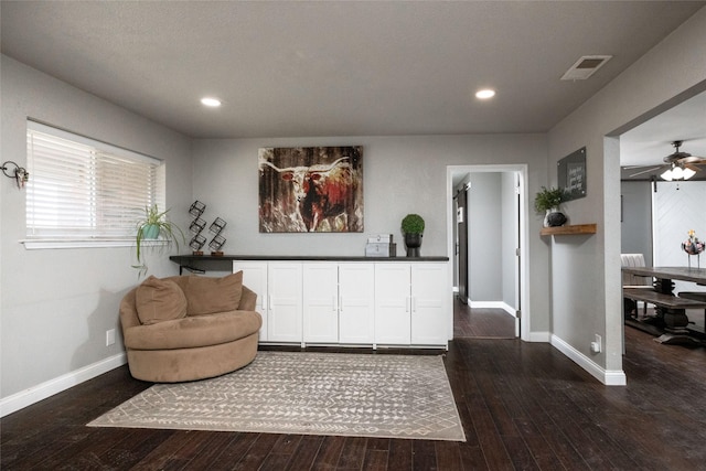 12510 Liberty School Rd, Azle, TX 76020 - sitting room featuring a ceiling fan, visible vents, baseboards, recessed lighting, and dark wood-style flooring