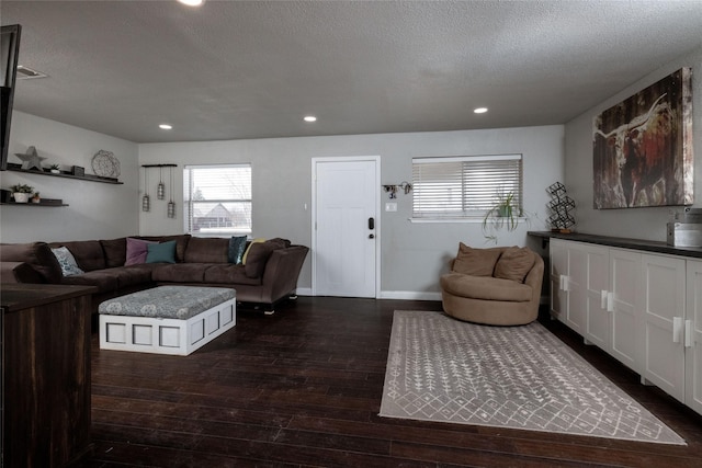 12510 Liberty School Rd, Azle, TX 76020 - living room with recessed lighting, a textured ceiling, baseboards, and dark wood-style flooring