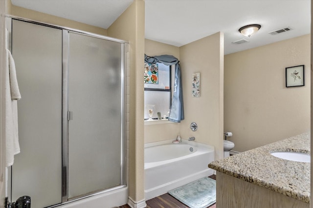 full bath featuring toilet, a stall shower, visible vents, and a bath