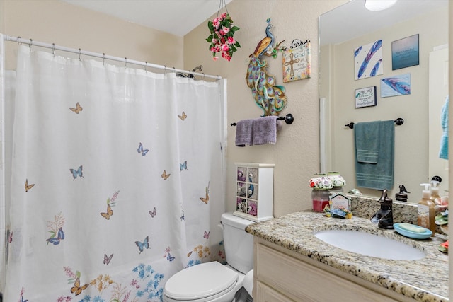 bathroom with a shower with curtain, vanity, and toilet