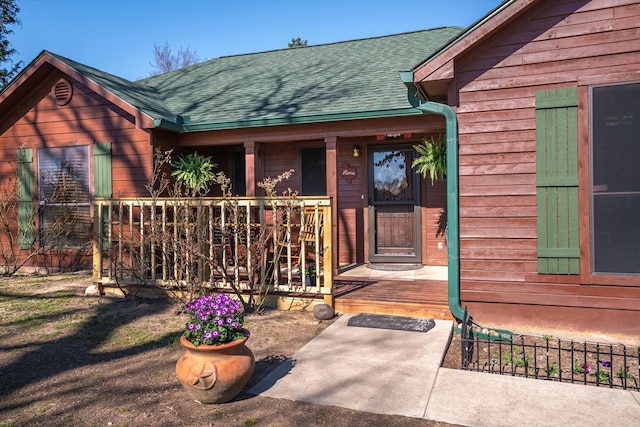 view of exterior entry with a porch and roof with shingles