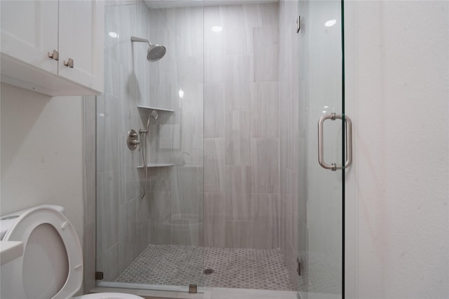 bathroom with a stall shower and toilet