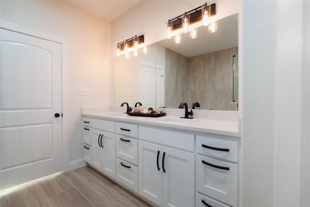 bathroom featuring wood finished floors, a sink, and double vanity