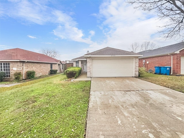 view of front facade with concrete driveway, a front lawn, and an attached garage