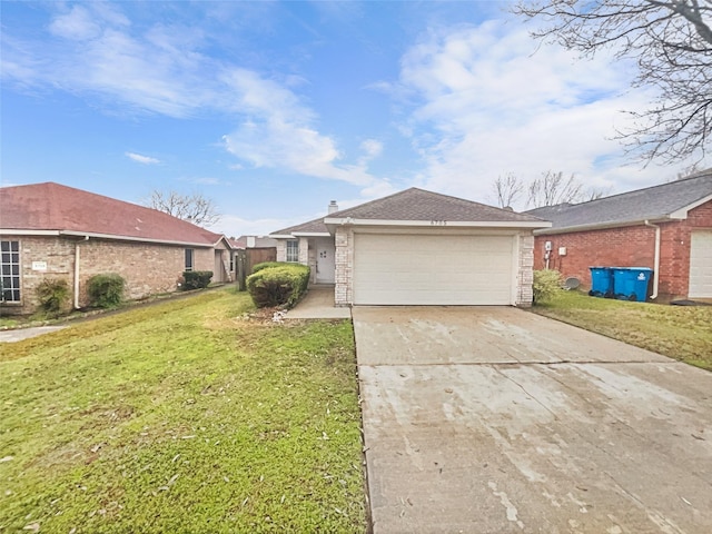 ranch-style home with an attached garage, a front lawn, and concrete driveway