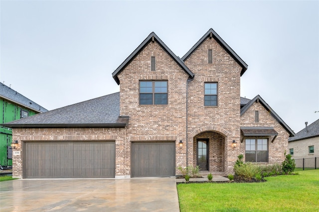 view of front of property featuring concrete driveway, brick siding, a front lawn, and roof with shingles