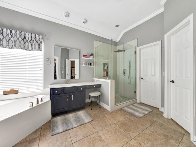 bathroom featuring ornamental molding, a shower stall, vanity, a bath, and tile patterned floors