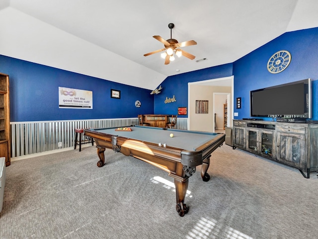 playroom featuring visible vents, lofted ceiling, ceiling fan, pool table, and carpet flooring