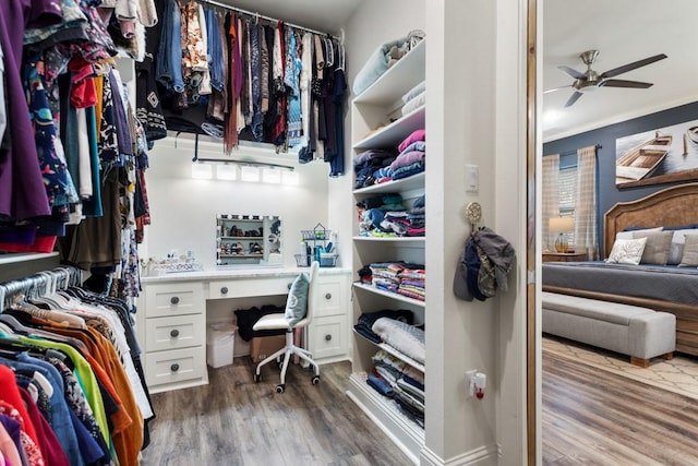 walk in closet with ceiling fan and wood finished floors