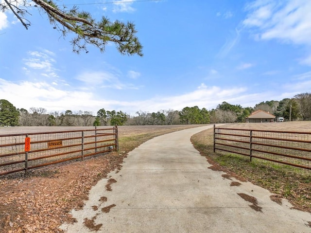 view of road with a gated entry, concrete driveway, and a rural view