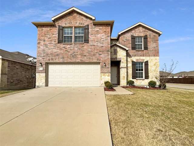 2325 Simmental Rd, Fort Worth, TX 76131 - traditional-style home featuring brick siding, concrete driveway, a front yard, a garage, and stone siding