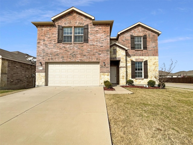 traditional-style home featuring brick siding, concrete driveway, a front yard, a garage, and stone siding