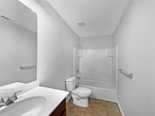 full bathroom featuring toilet, visible vents,  shower combination, and vanity