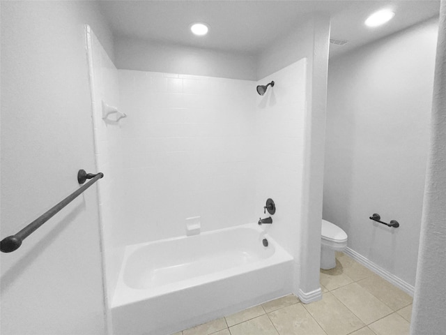 full bathroom featuring baseboards, toilet, tile patterned floors, washtub / shower combination, and recessed lighting