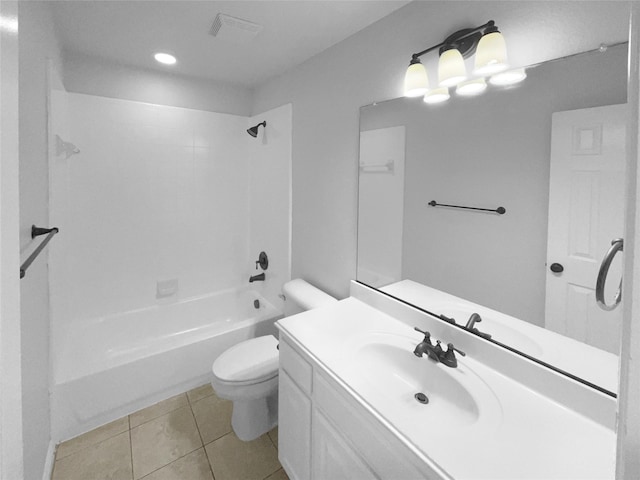 bathroom featuring visible vents, toilet, tile patterned flooring, tub / shower combination, and vanity