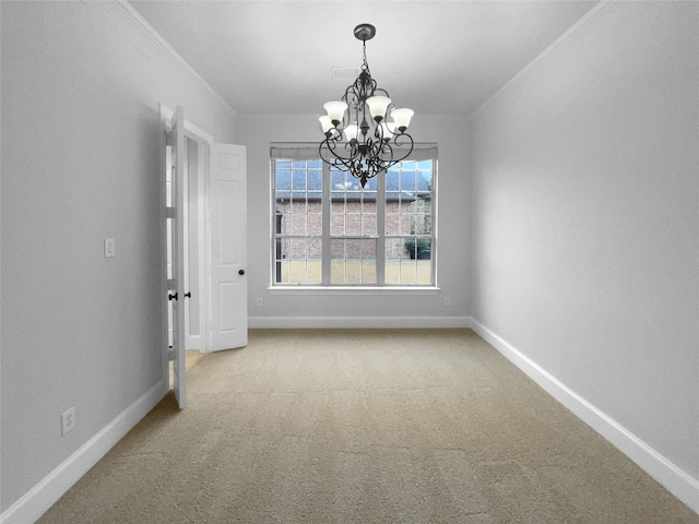 unfurnished dining area featuring ornamental molding, carpet, and baseboards