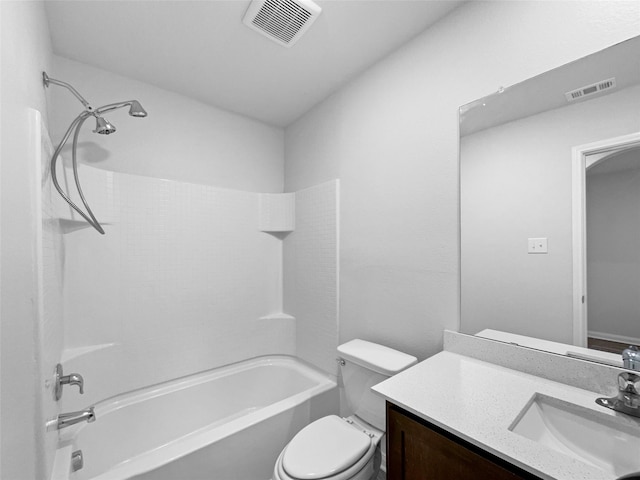 full bathroom featuring  shower combination, visible vents, vanity, and toilet